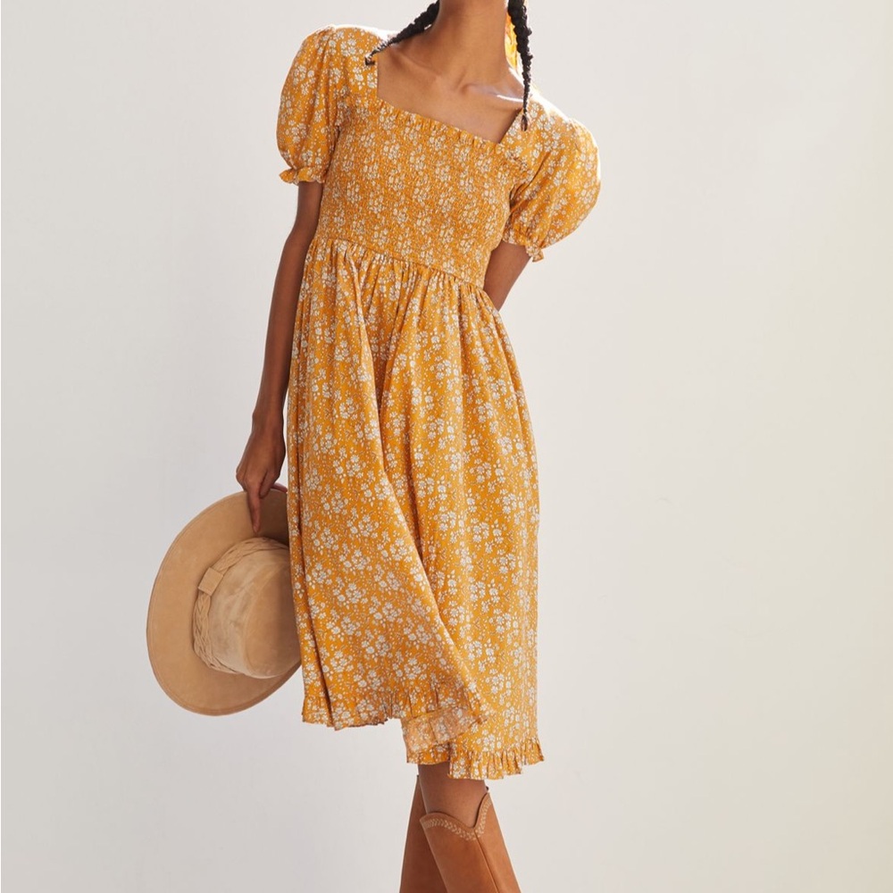 Anthropologie Smocked Floral Mustard Yellow Midi Dress